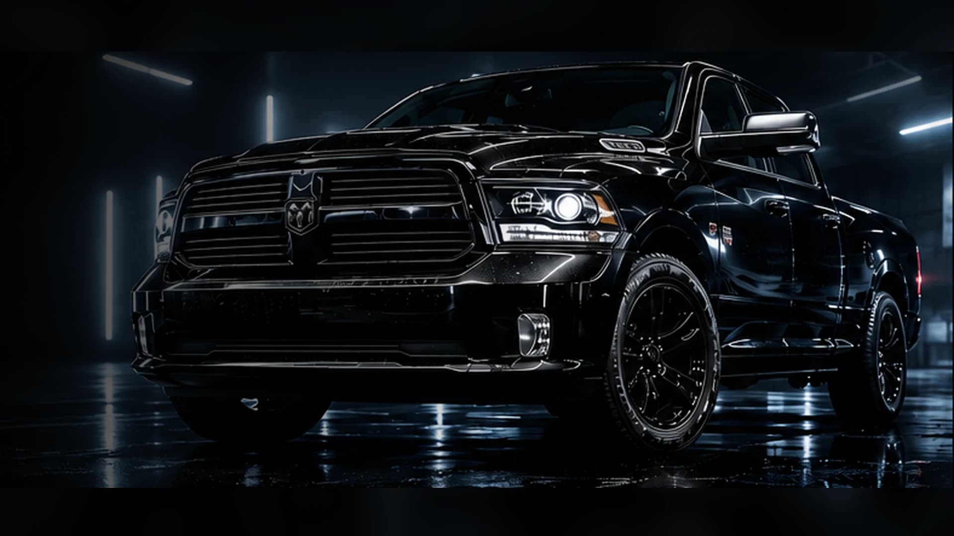 Freshly detailed black Ram pickup on a wet studio floor under cool light streaks